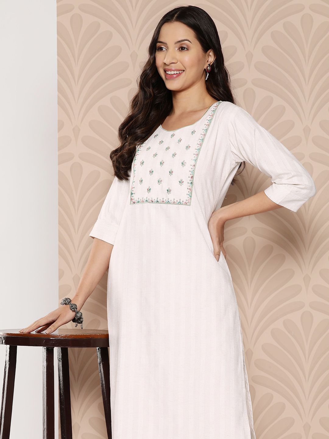 ZOLA Ethnic Motifs Embroidered Sequinned Pure Cotton Kurta Price in India