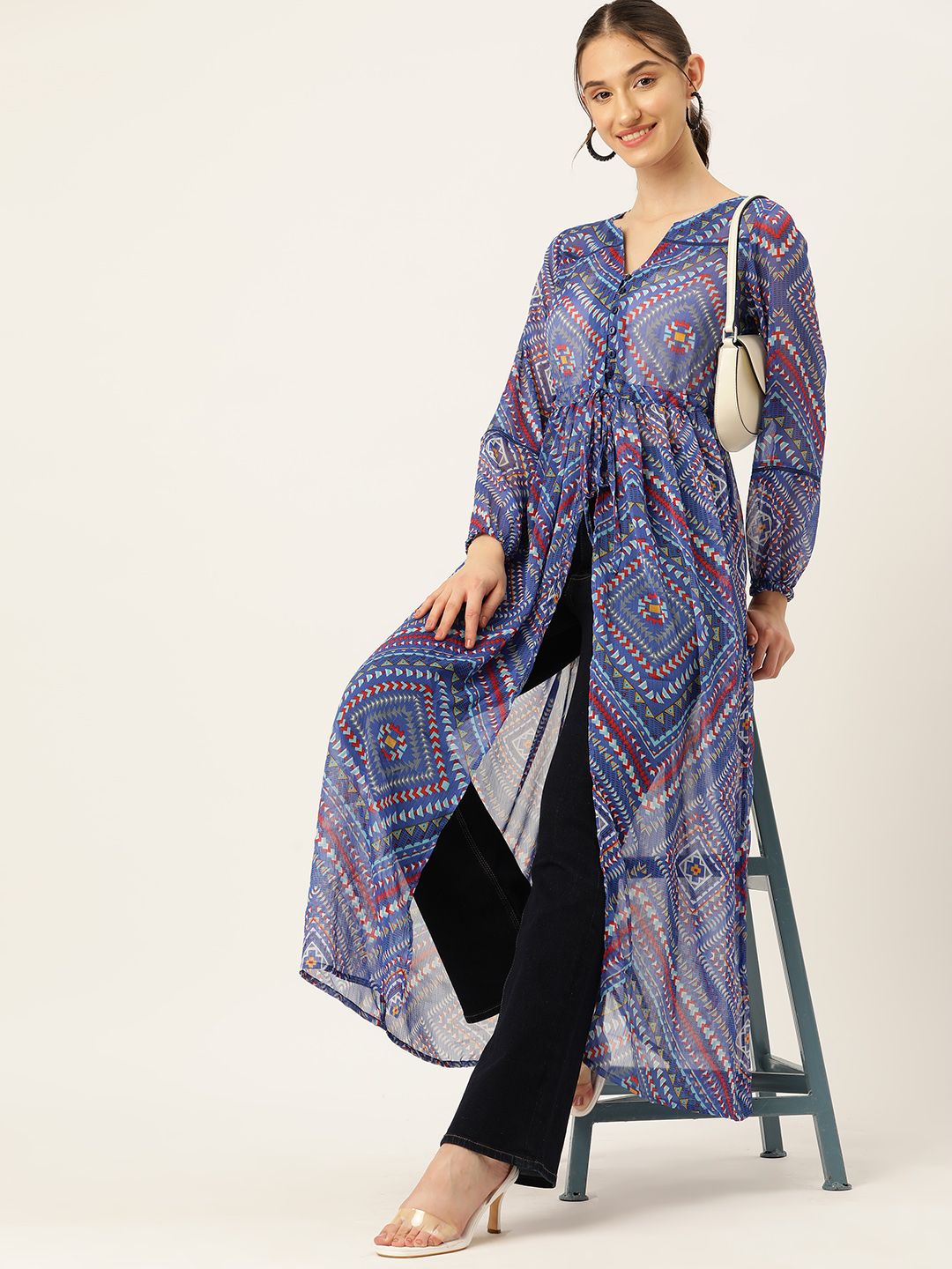 DressBerry Geometric Print Puff Sleeve Maxi Longline Top Price in India