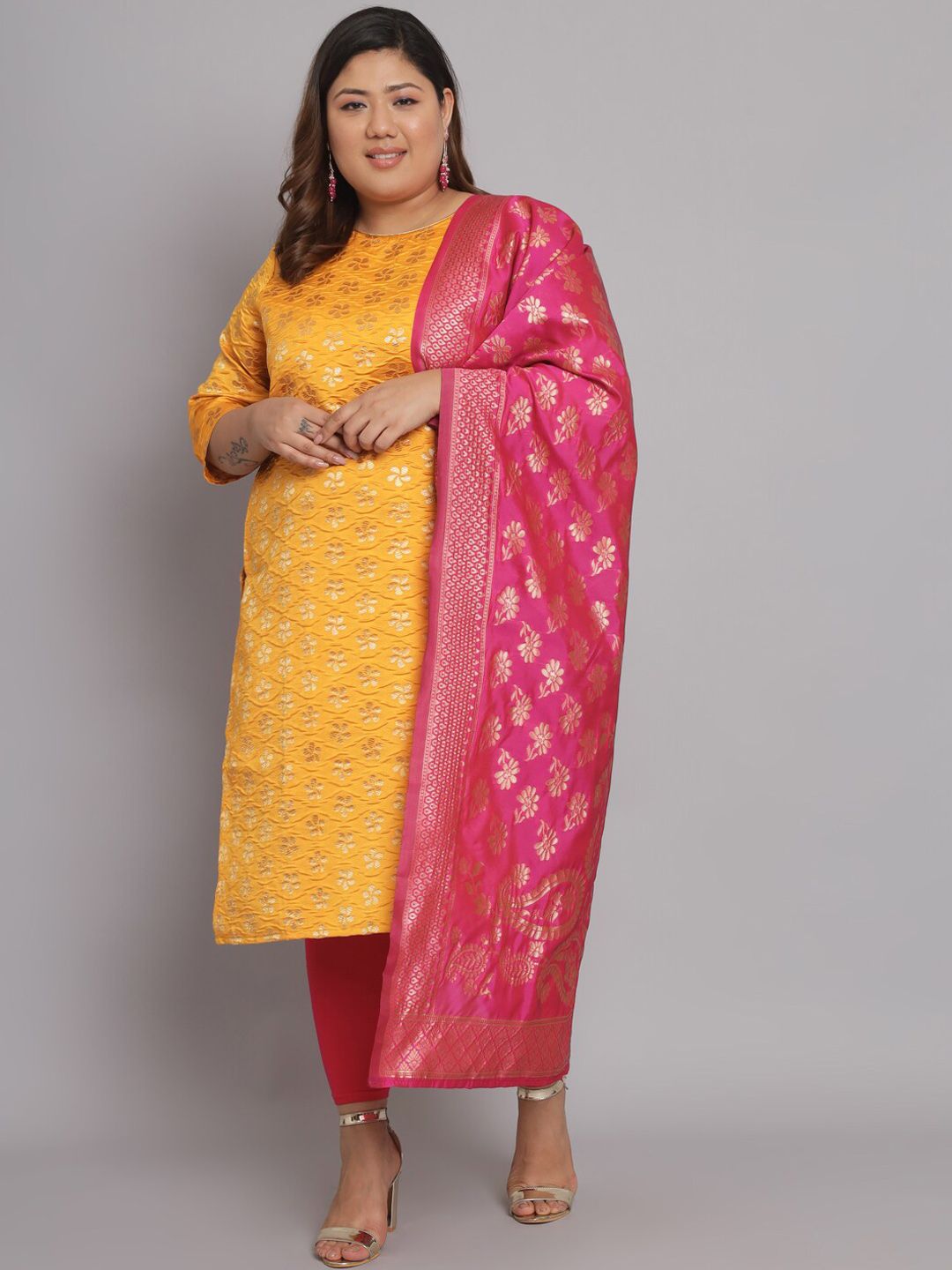 KALINI Women Mustard Yellow Geometric Printed Keyhole Neck Flared Sleeves Thread Work Kurta Price in India