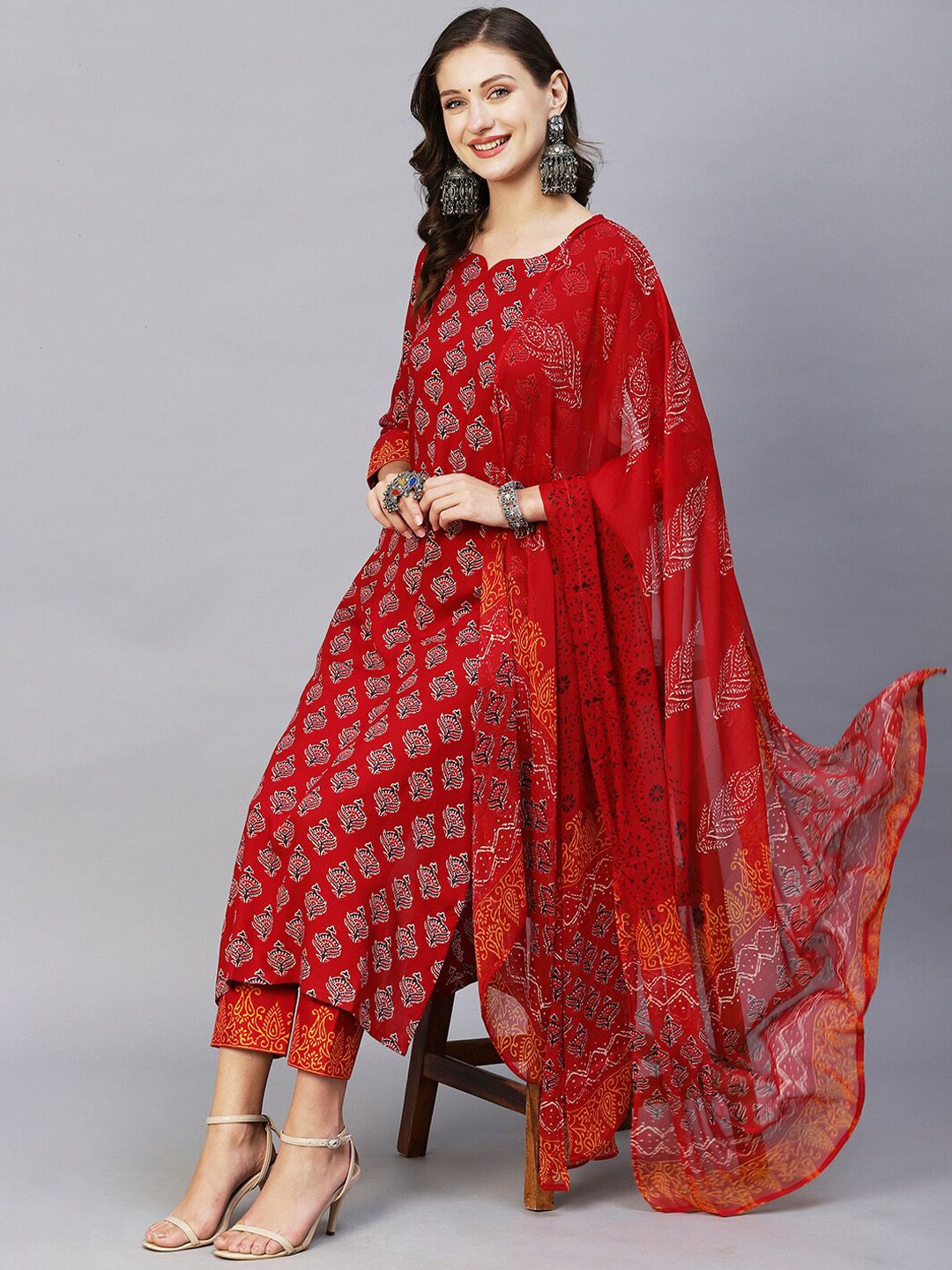 KALINI Ethnic Motifs Print Sweetheart Neck Regular Kurta With Trousers & Dupatta Price in India