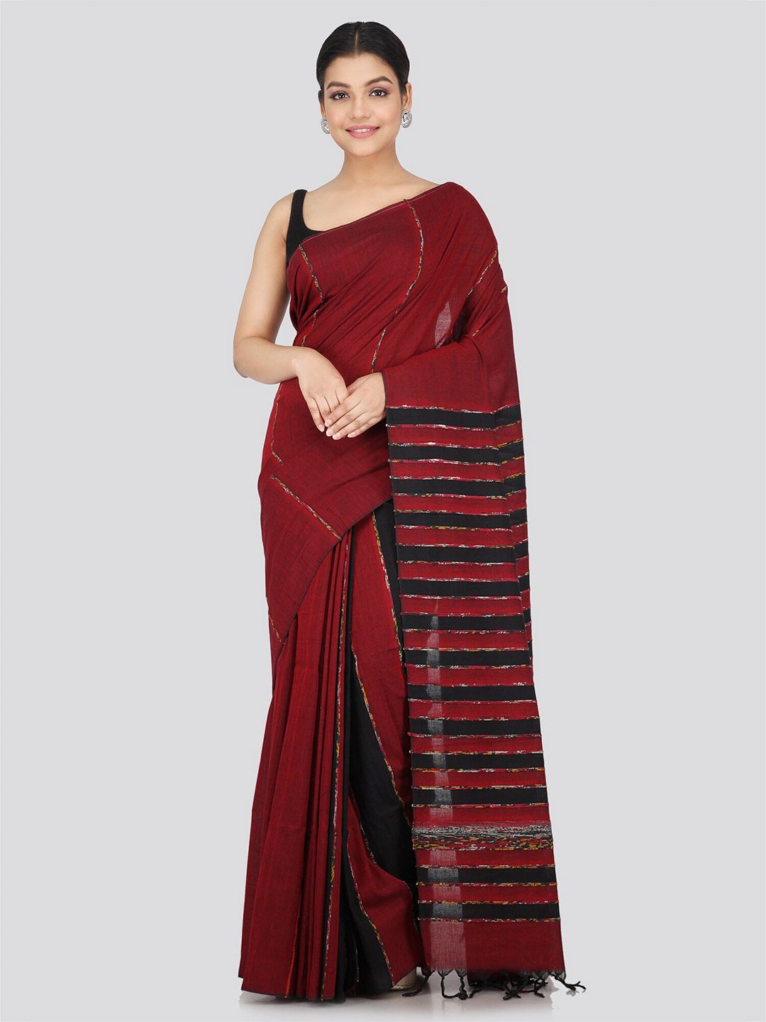 PinkLoom Maroon & Black Woven Design Pure Cotton Saree Price in India