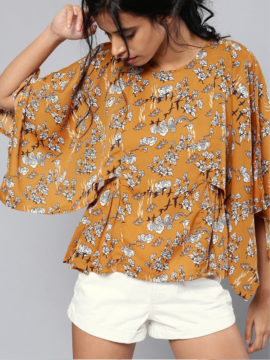 Mast & Harbour Tan Brown Floral Print Cape Sleeved Top Price in India