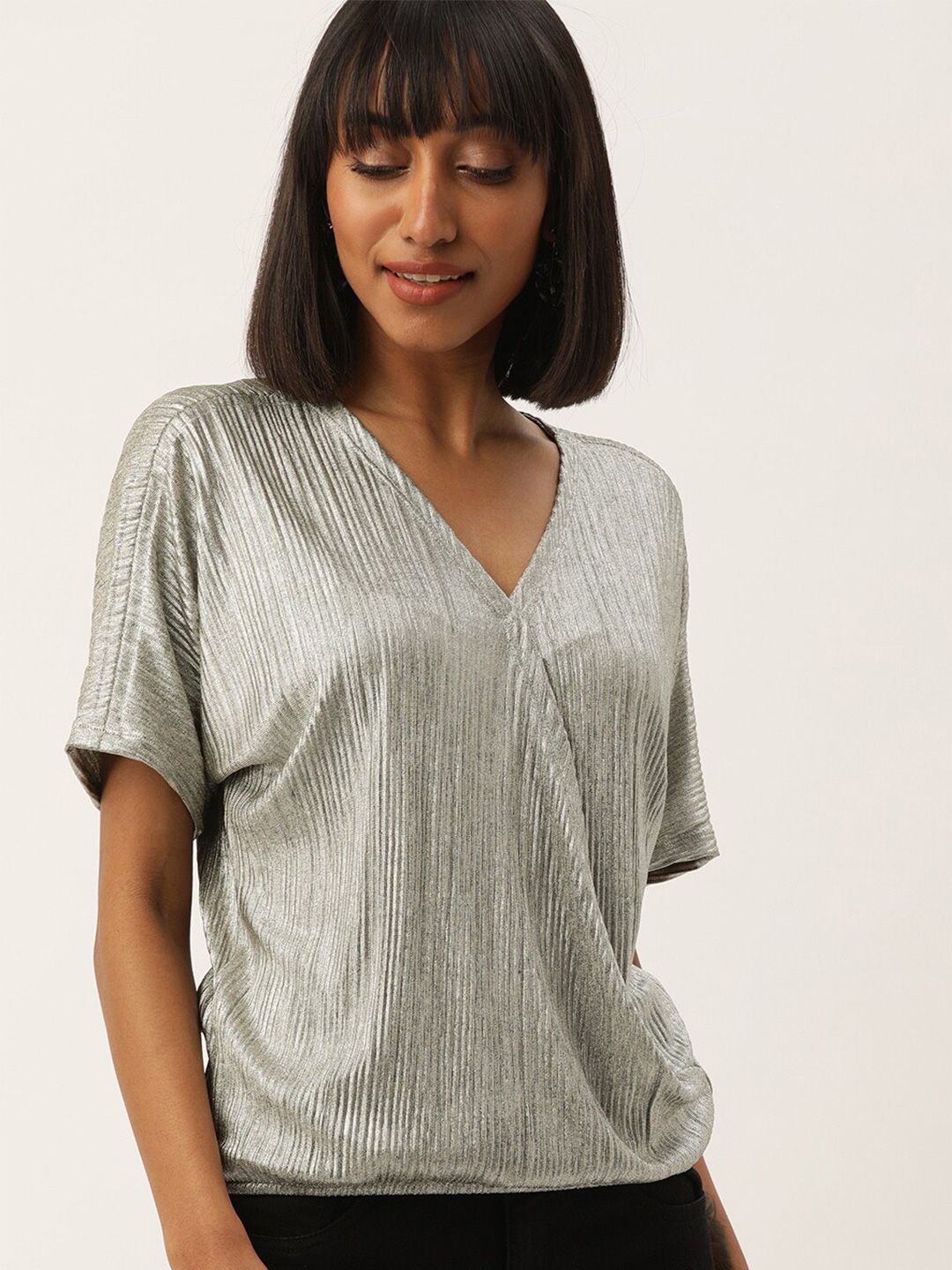 Mast & Harbour Silver-Toned Striped V-Neck Regular Top Price in India
