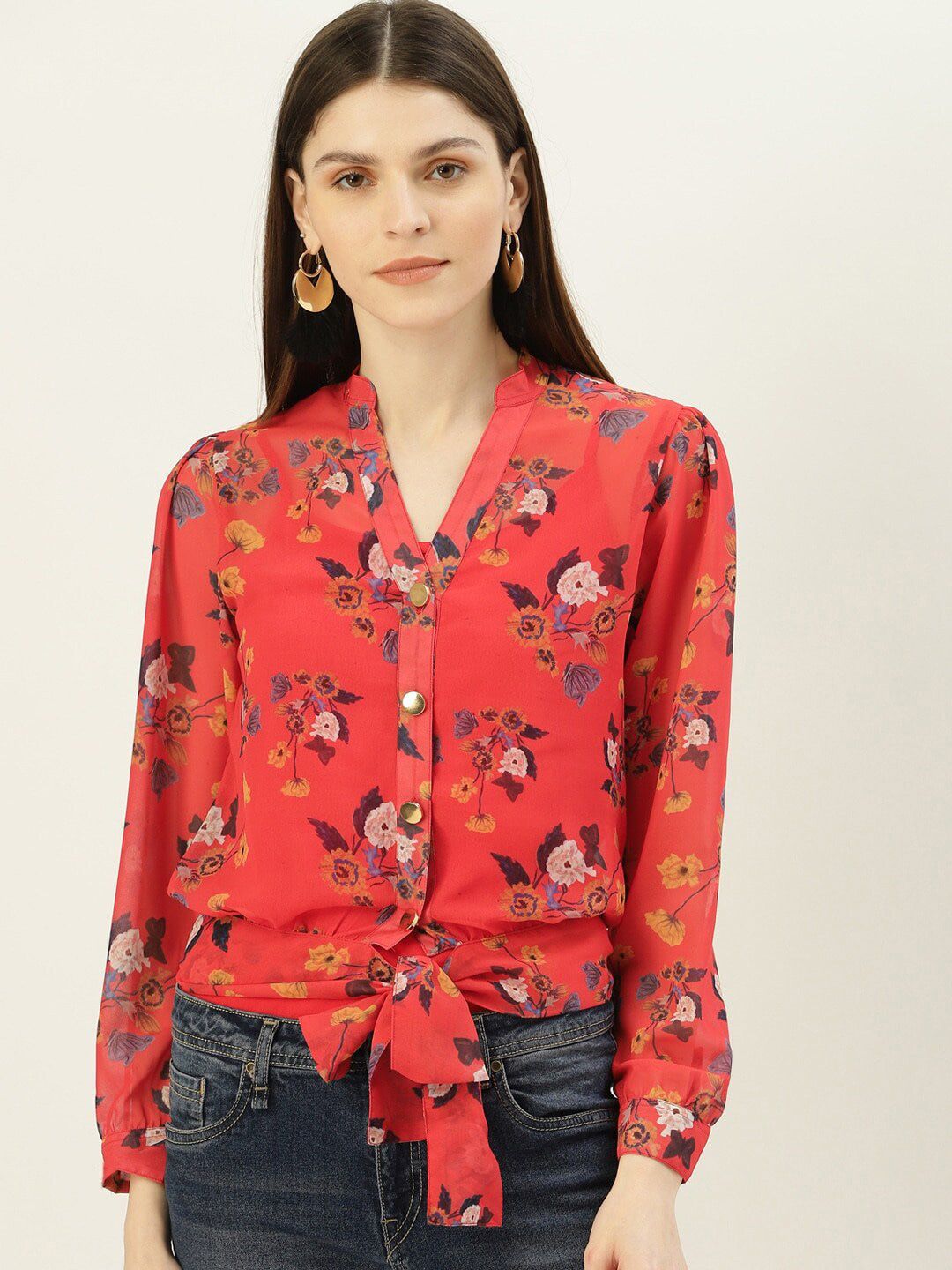 Mast & Harbour Floral Print Mandarin Collar Shirt Style Top Price in India