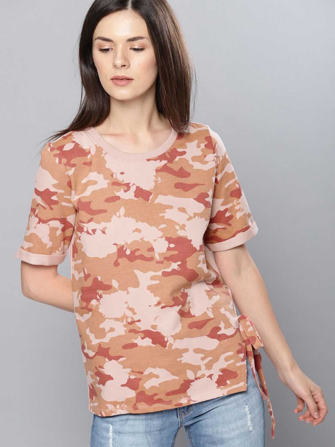 Mast & Harbour Brown & Beige Camouflage Print Cotton Top Price in India