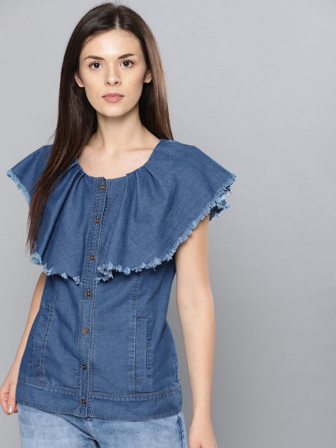 Mast & Harbour Round Neck Chambray Top Price in India