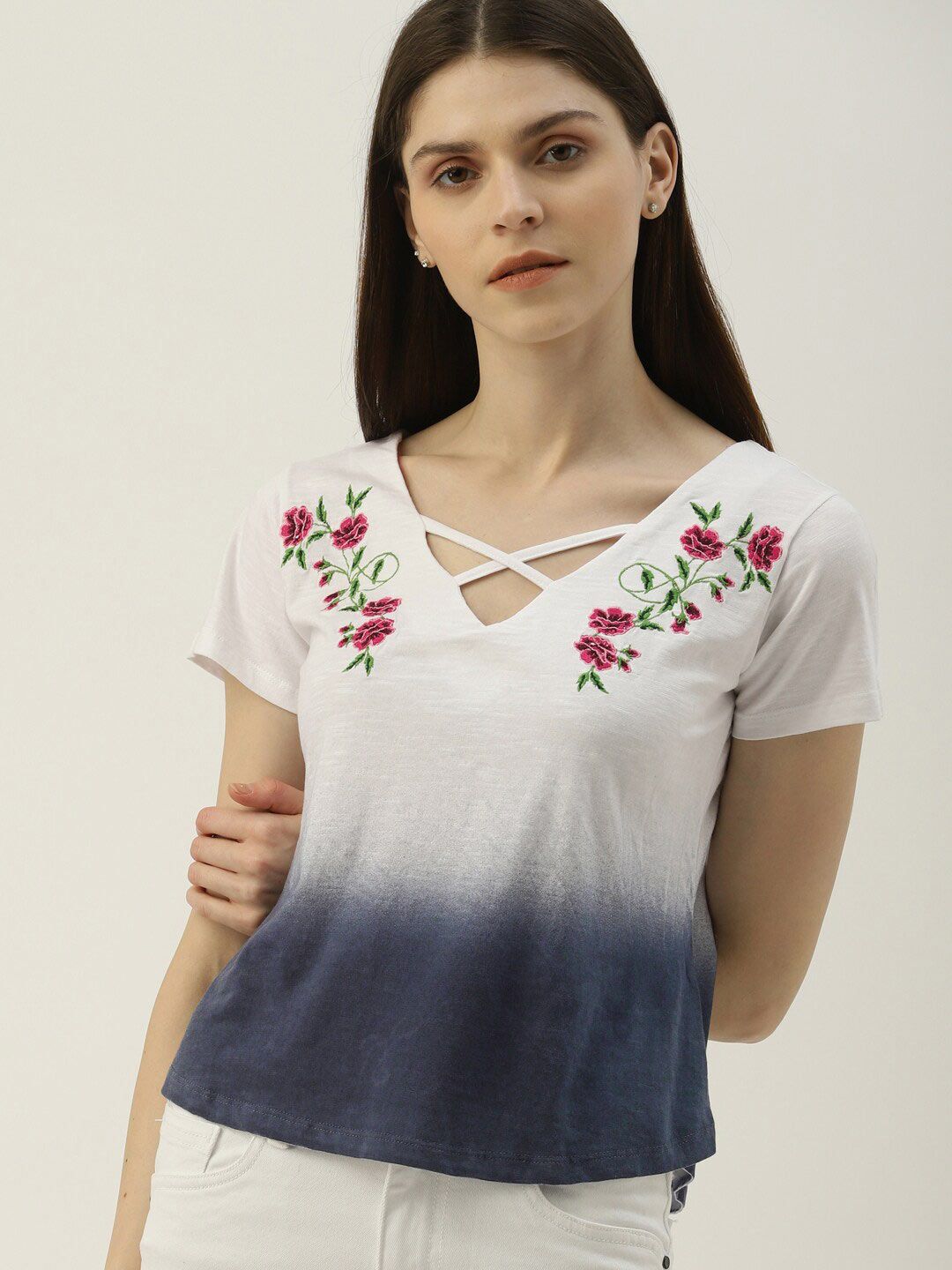 Mast & Harbour White & Red Ombre Dyed Embroidered Pure Cotton Top Price in India