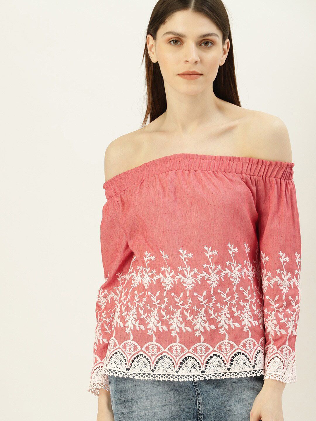 Mast & Harbour Pink Embroidered Off-Shoulder Bardot Top Price in India