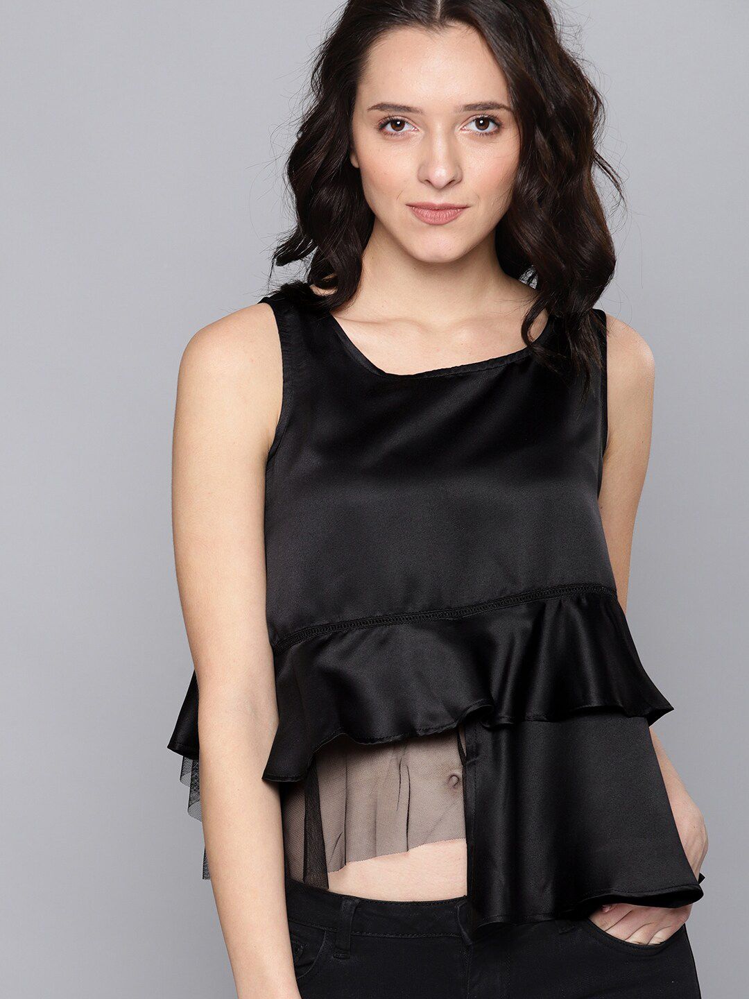 Mast & Harbour Black Sleeveless Layered Crop Top Price in India