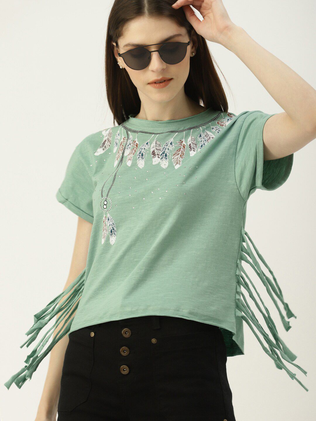 Mast & Harbour Green & White Conversational Print Top Price in India
