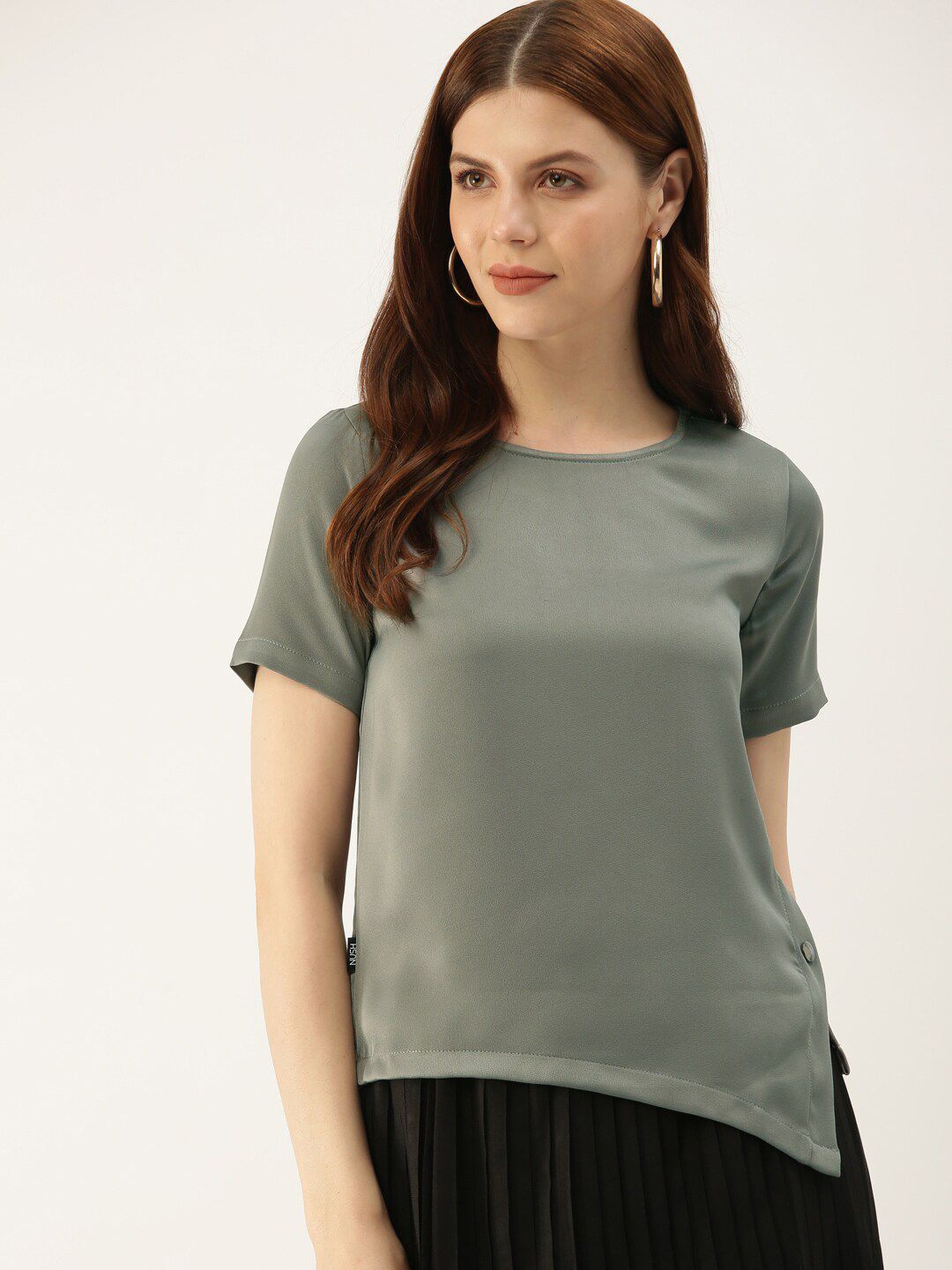 Mast & Harbour Olive Green Round Neck Short Sleeves Top Price in India