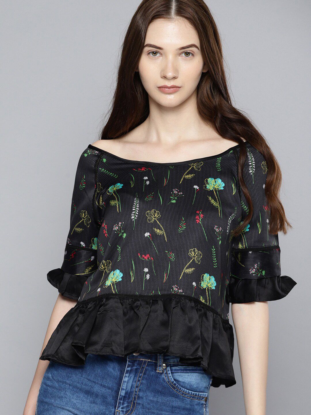 Mast & Harbour Black & Green Floral Print Bell Sleeve Top Price in India