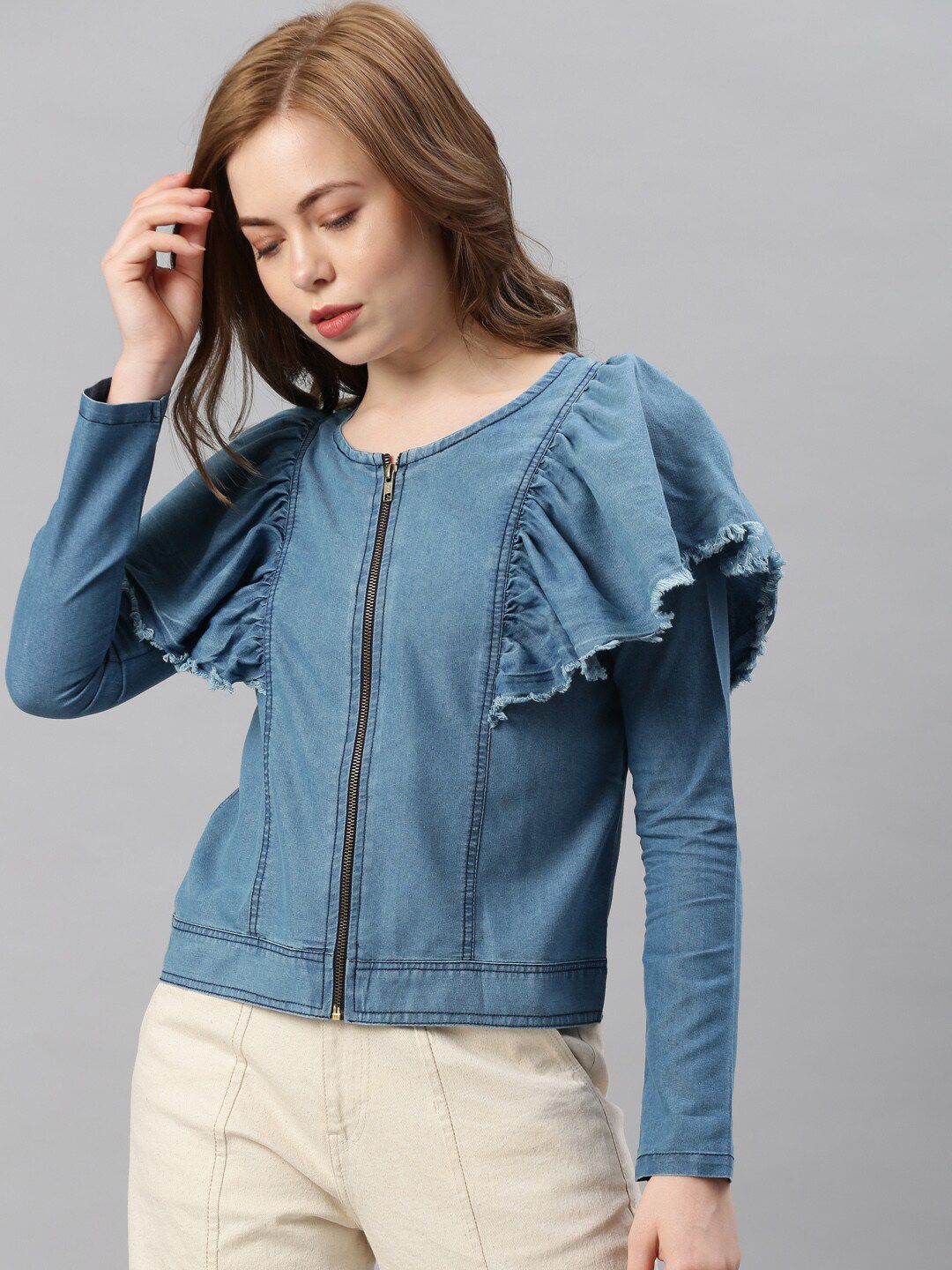 Mast & Harbour Blue Ruffle Detail Cotton Denim Top Price in India