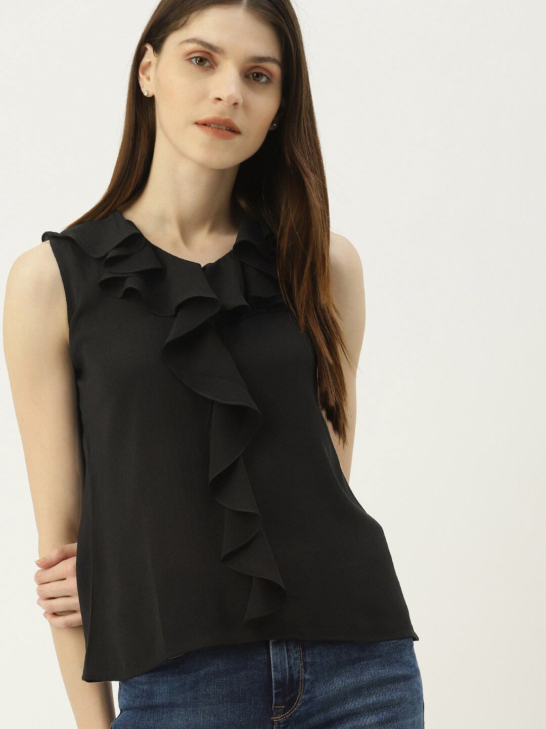 Mast & Harbour Black Sleeveless Ruffle Detail Top Price in India
