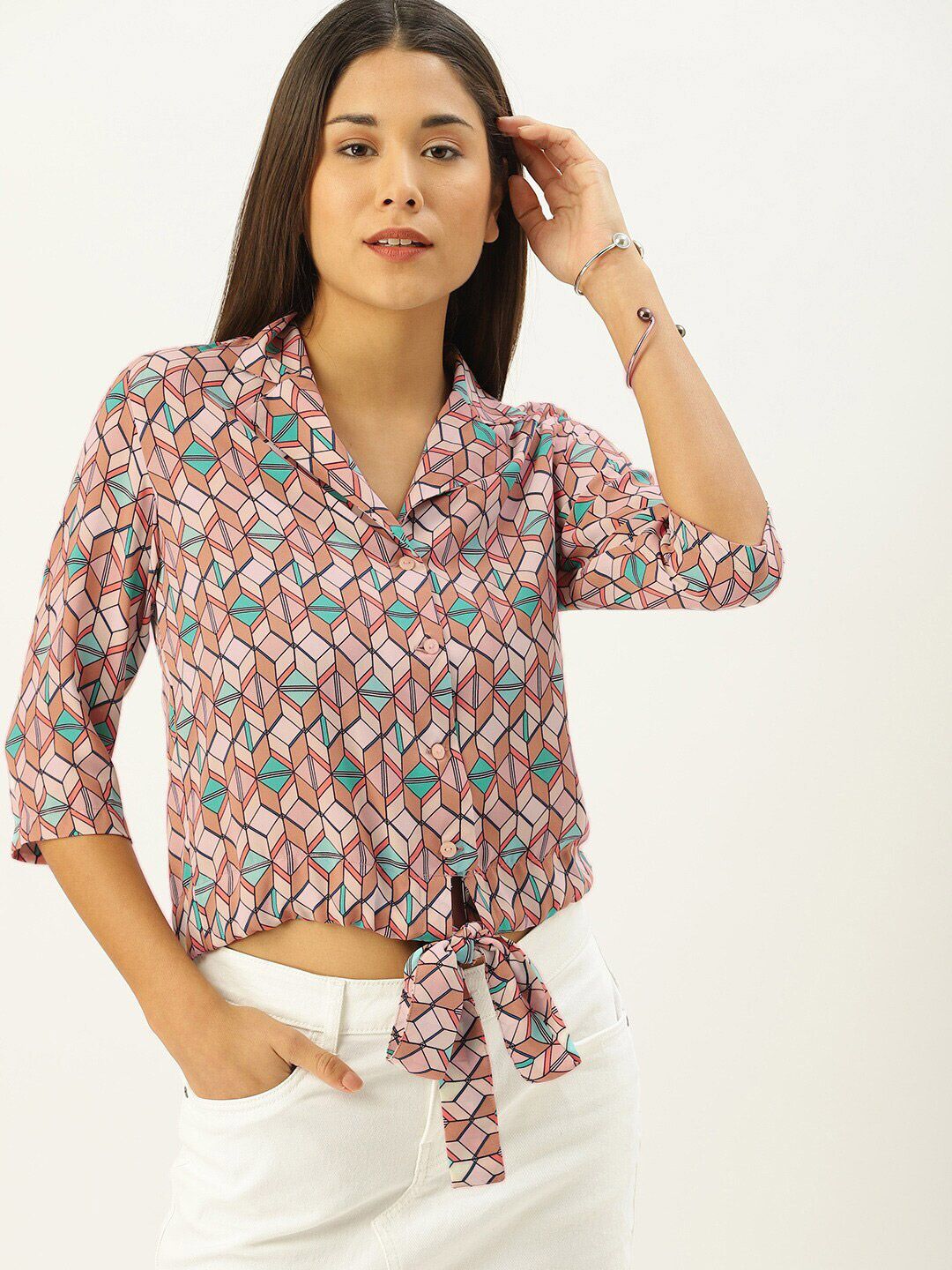 Mast & Harbour Green & Brown Geometric Print Shirt Style Crop Top Price in India