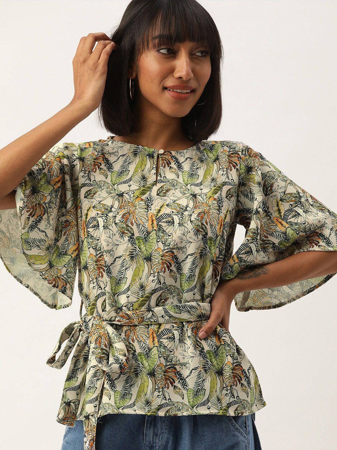 Mast & Harbour Off White & Green Tropical Print Flared Sleeve Cinched Waist Top Price in India