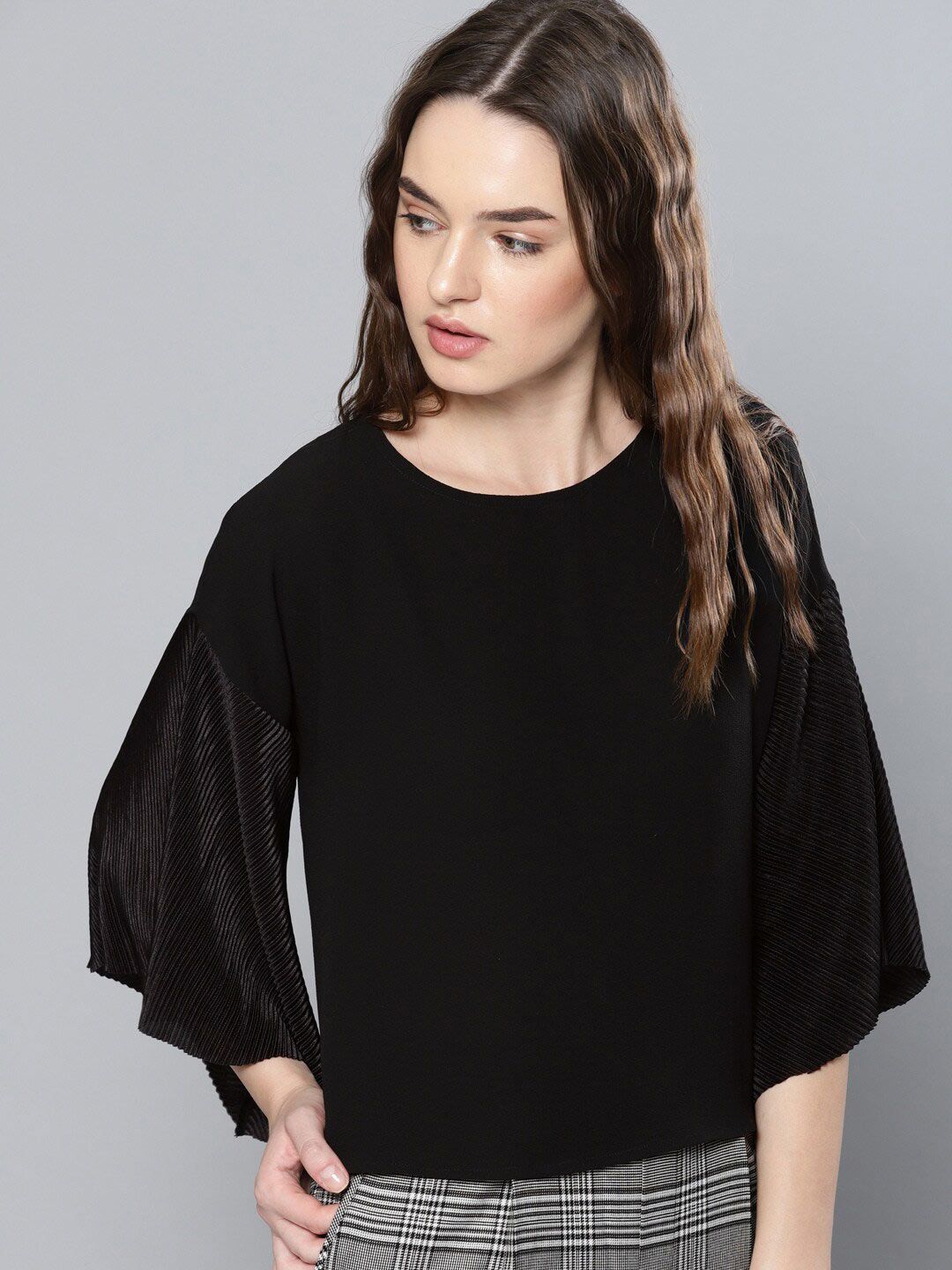 Mast & Harbour Black Solid Flared Sleeve Top Price in India
