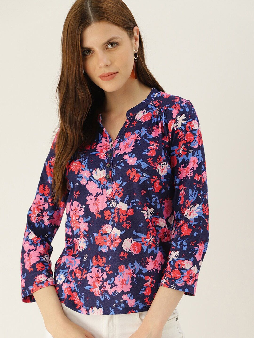 Mast & Harbour Floral Print Mandarin Collar Cotton Shirt Style Top Price in India