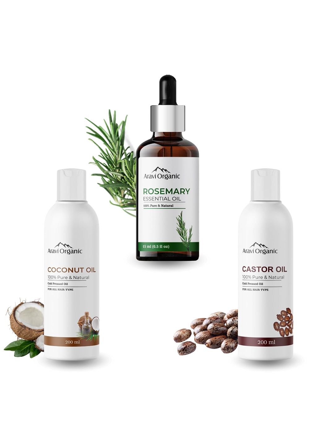 Aravi Organic Set of Pure Rosemary Essential Oil, Coconut & Castor Oil for Hair & Skin