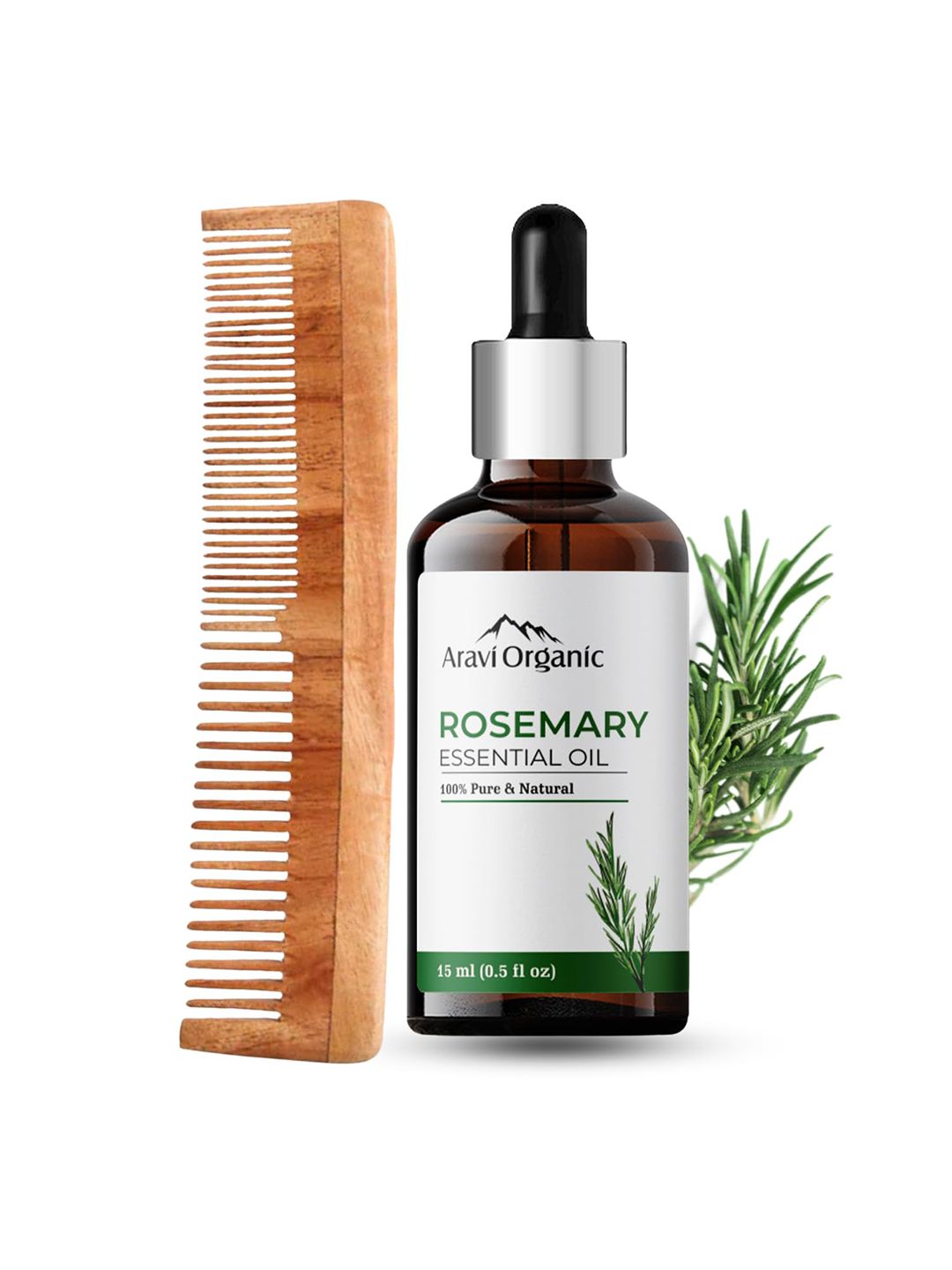 Aravi Organic Set of 100% Pure Rosemary Essential Oil & Neem Comb for Hair Growth