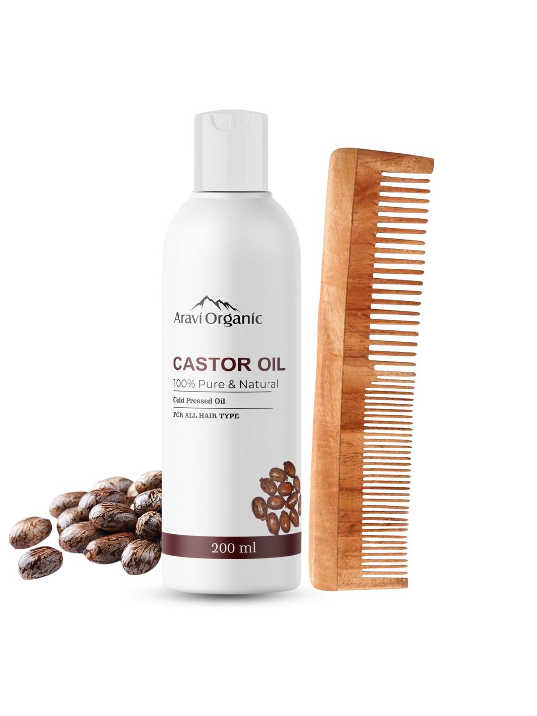 Aravi Organic Set of 100% Pure Cold Pressed Castor Oil & Neem Comb for Hair Growth Care