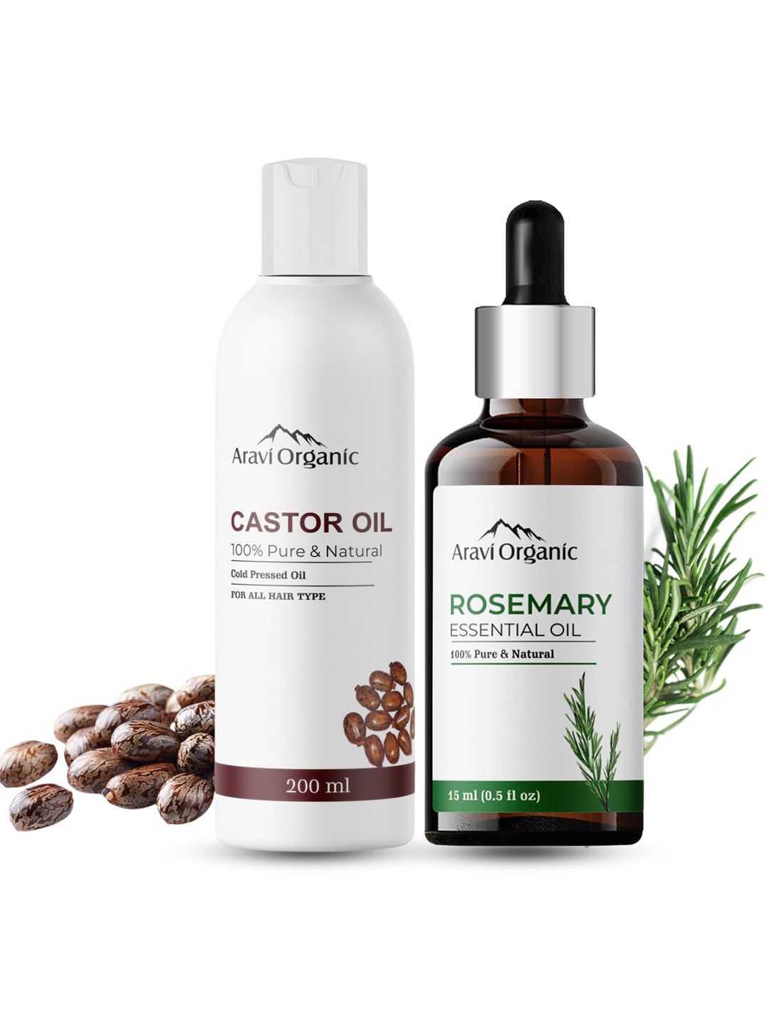 Aravi Organic Set of 100% Pure Rosemary Essential Oil & Castor Hair Oil for Hair & Skin