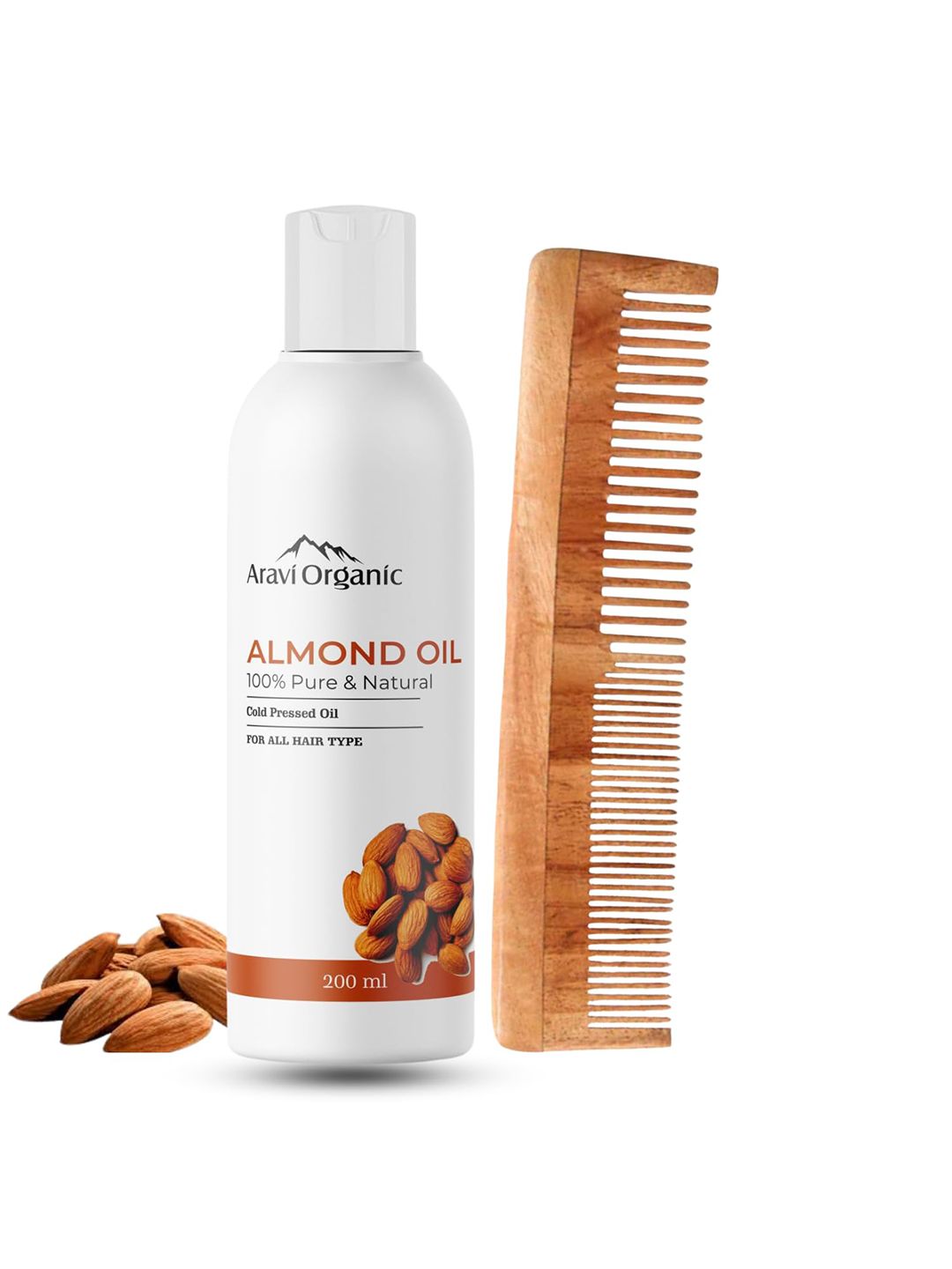 Aravi Organic Set of 100% Pure Cold Pressed Almond Oil & Neem Comb for Hairfall Control