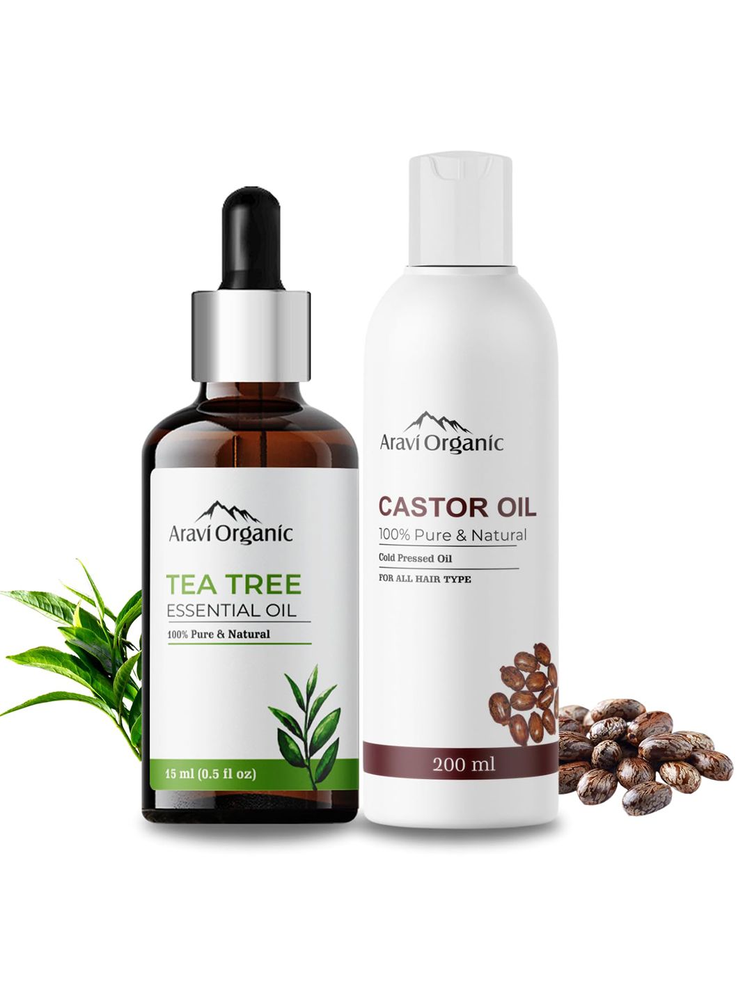 Aravi Organic Set of Pure Tea Tree Essential Oil & Castor Oil for Healthy Hair & Skin Care