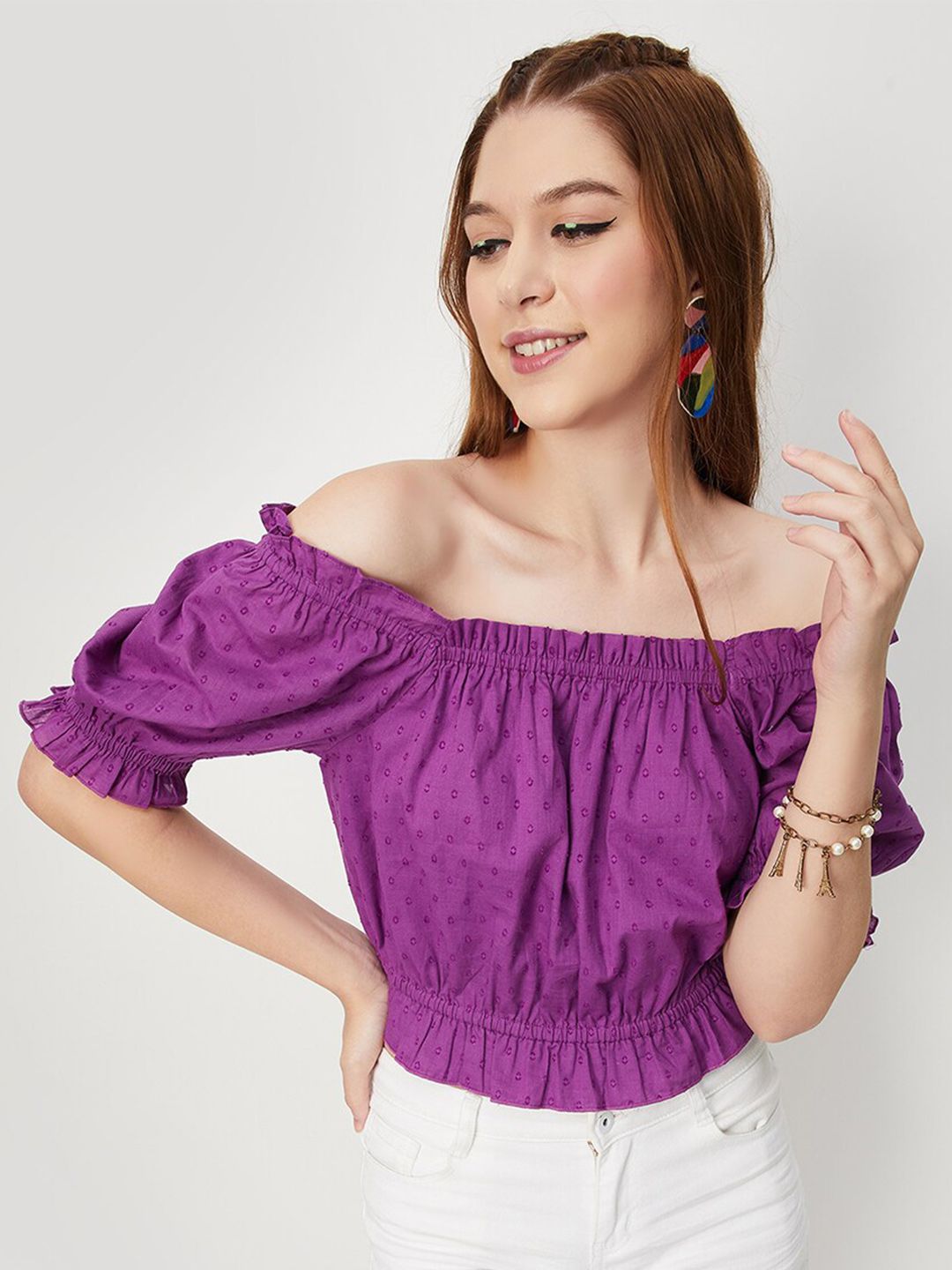max Purple Off-Shoulder Puff Sleeve Cotton Bardot Top Price in India