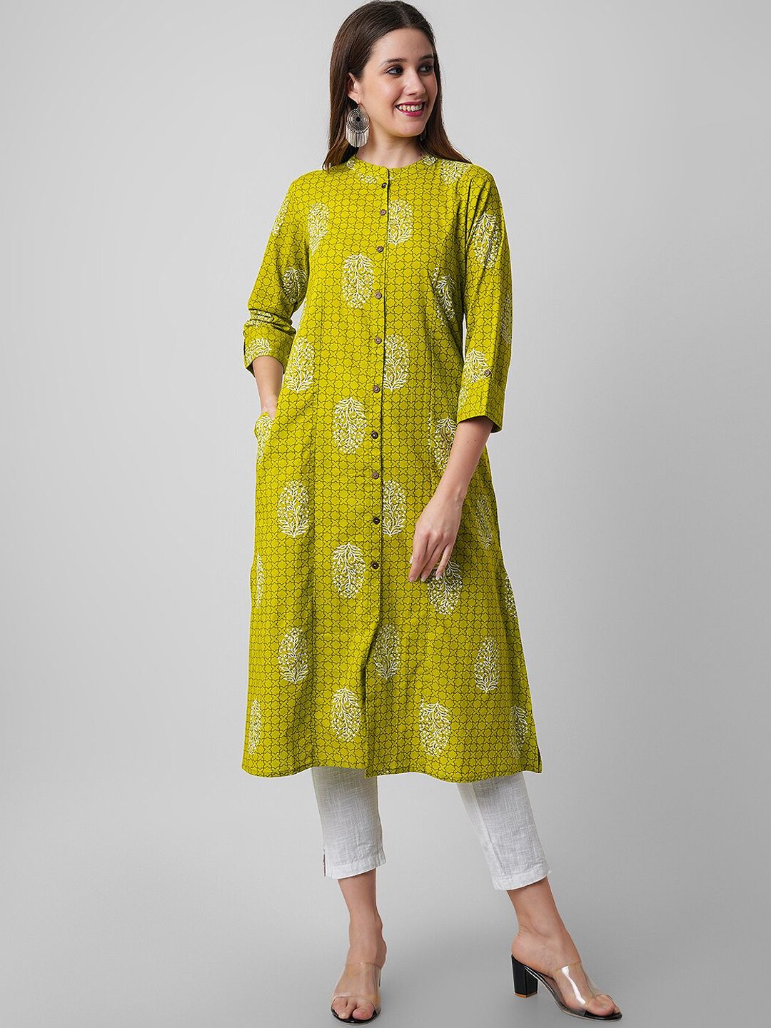 Haute and Humble Women Green Ethnic Motifs Printed Cold-Shoulder Sleeves Sequinned Floral Kurta Price in India
