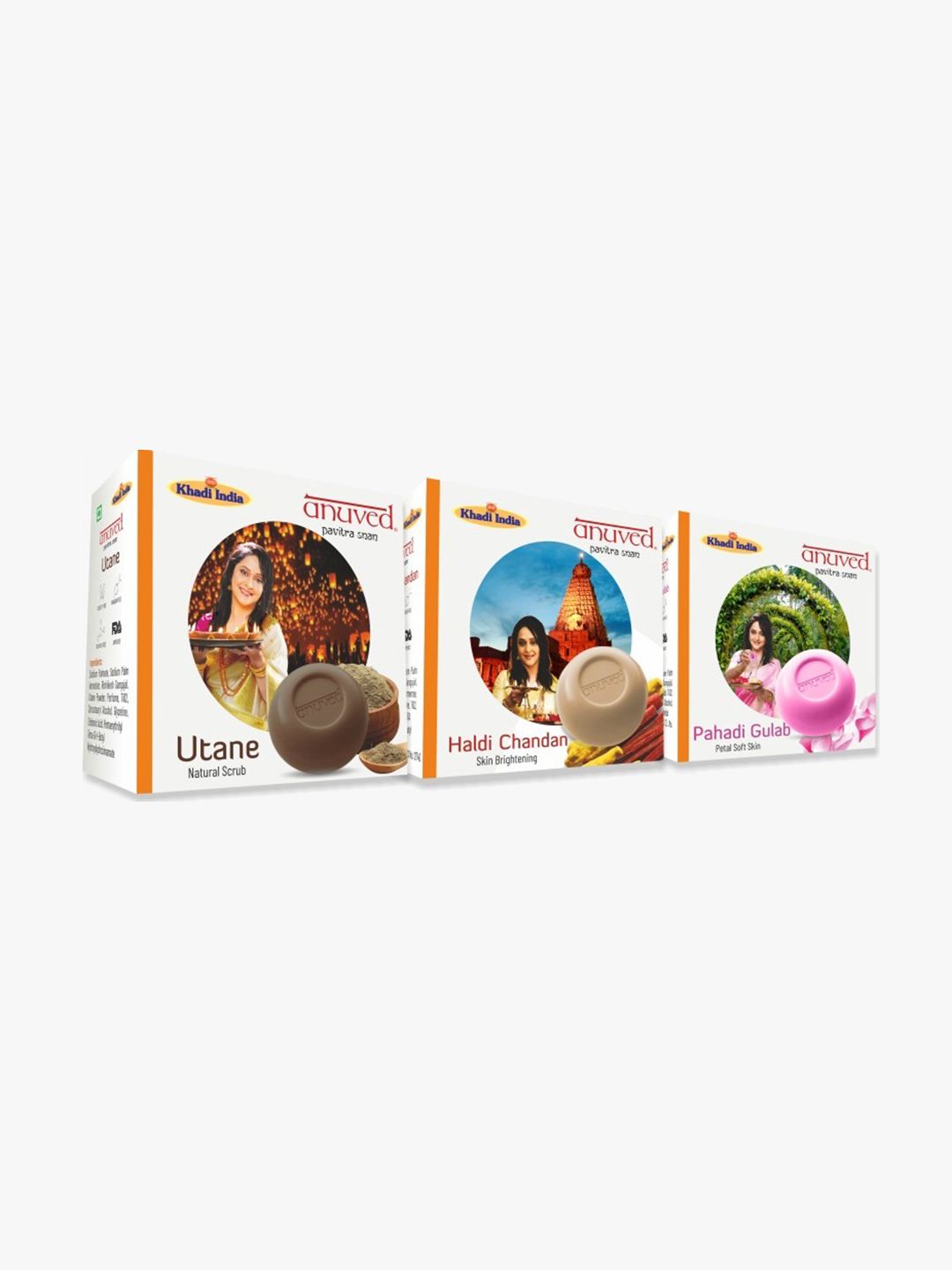 Anuved Set of 3 Herbal Soaps 125g each - Utane + Haldi Chandan + Pahahdi Gulab