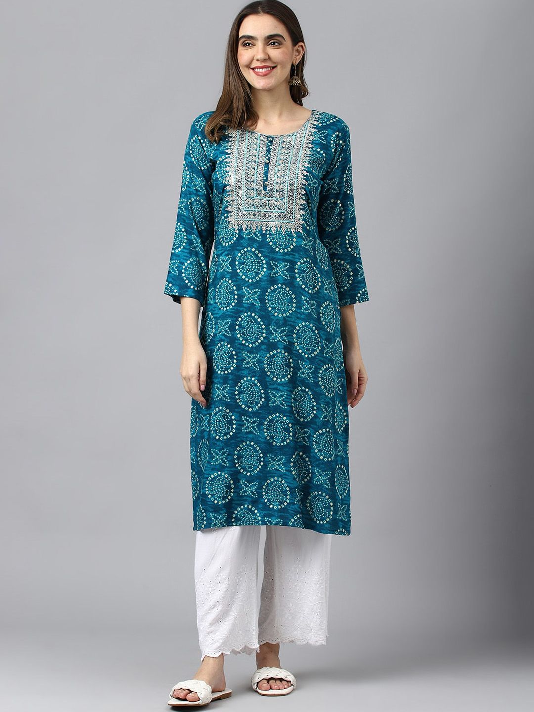 Ishin Women Blue Ethnic Motifs Printed Flared Sleeves Thread Work Kurta Price in India