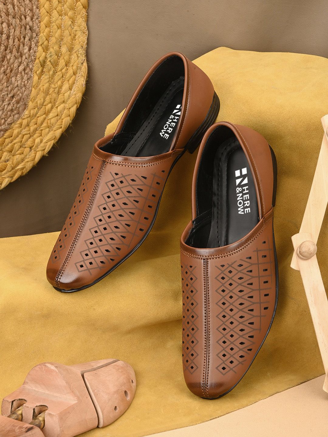 HERE&NOW Men Tan Brown Perforated Lightweight Loafers