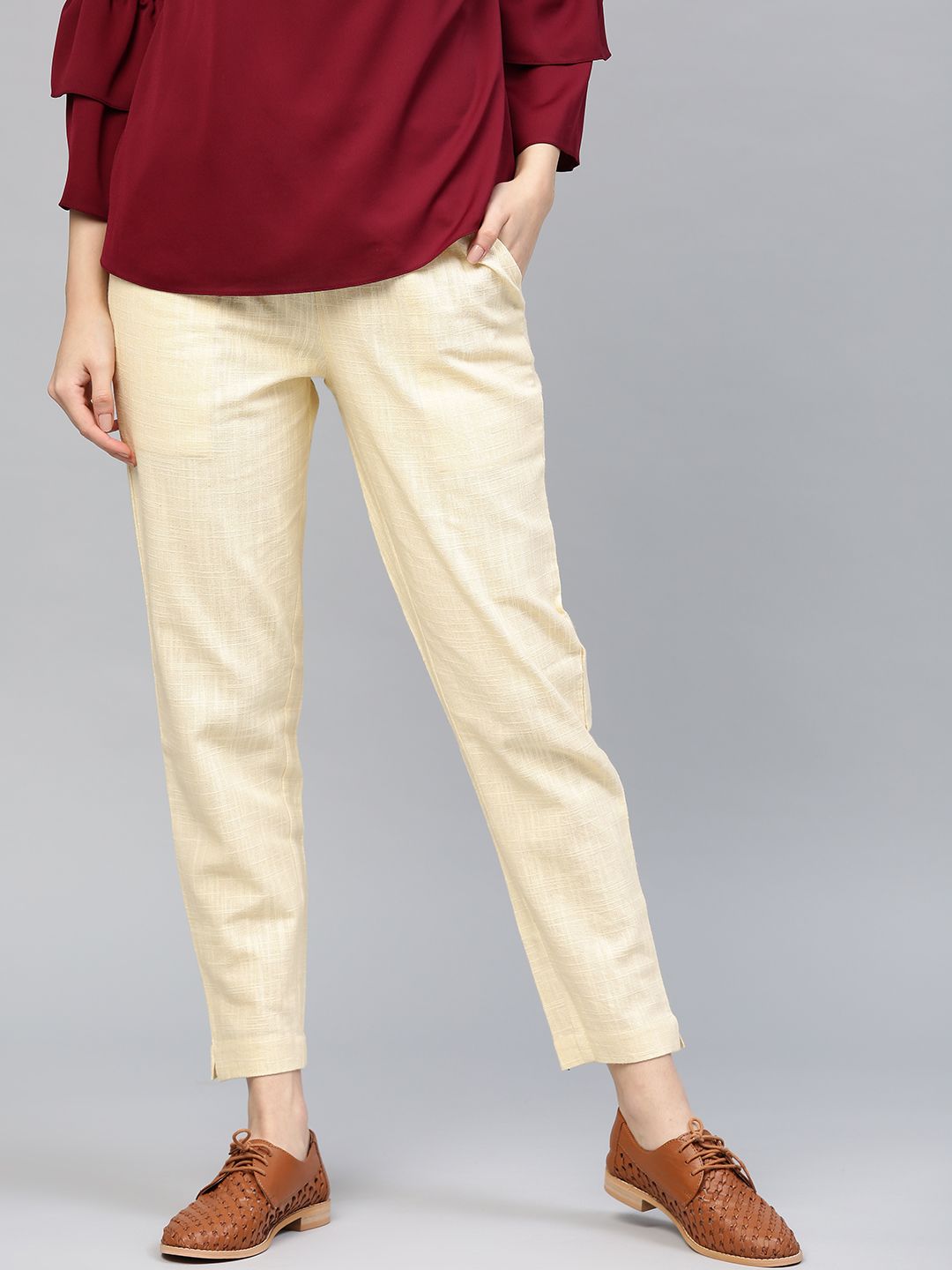 Jaipur Kurti Women Cream-Coloured Casual Trousers Price in India
