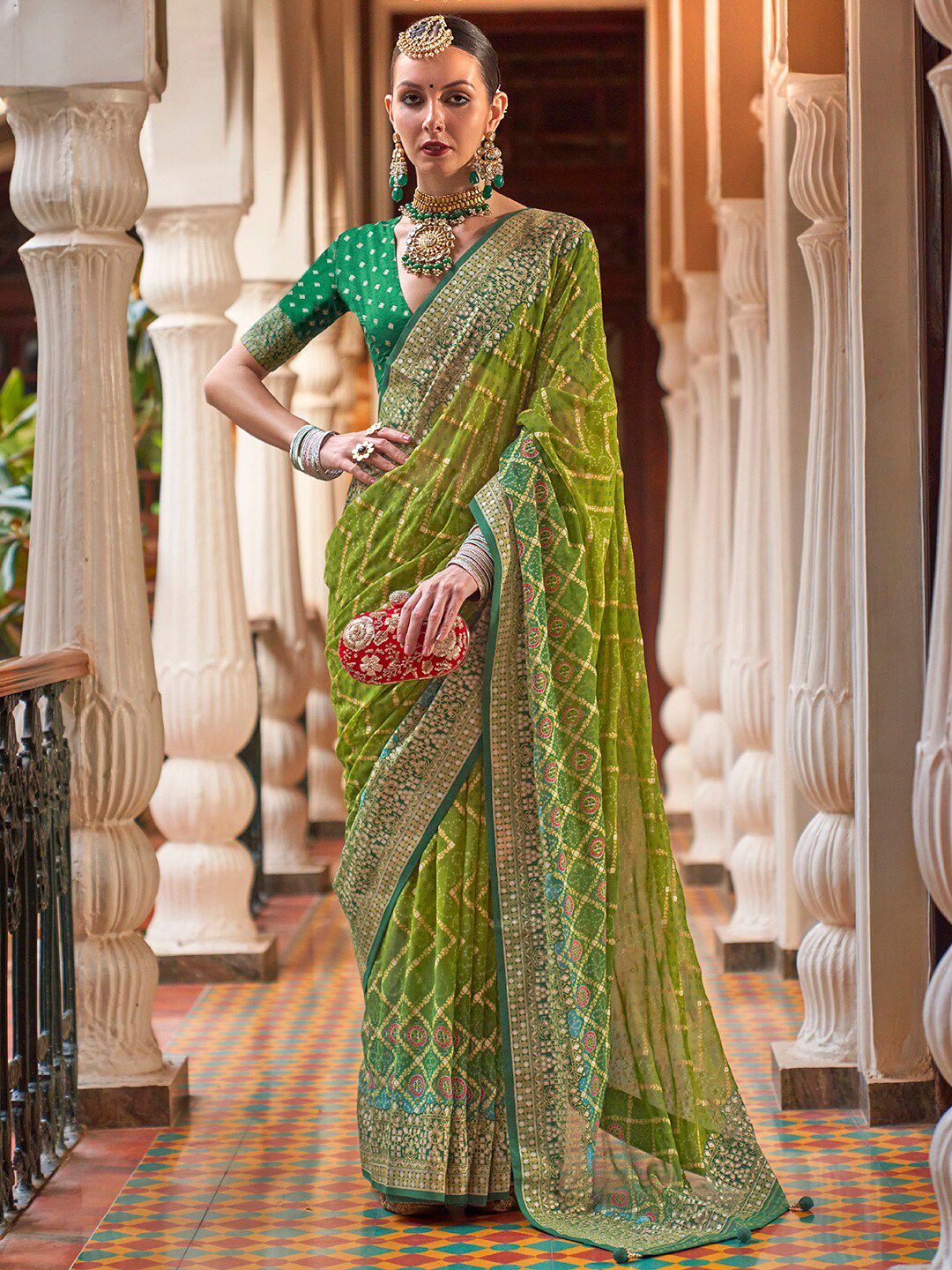Anouk Green & Yellow Bandhani Embroidered Pure Georgette Saree Price in India