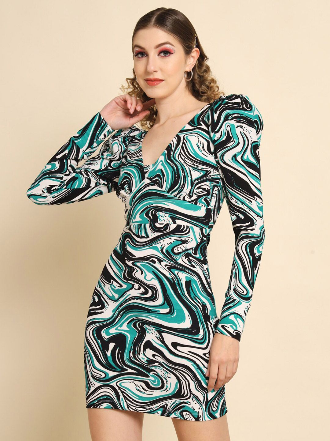 BAESD Abstract Printed Mini Bodycon Dress Price in India