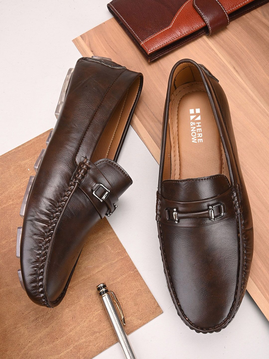 HERE&NOW Men Brown Square Toe Lightweight Slip-On Loafers