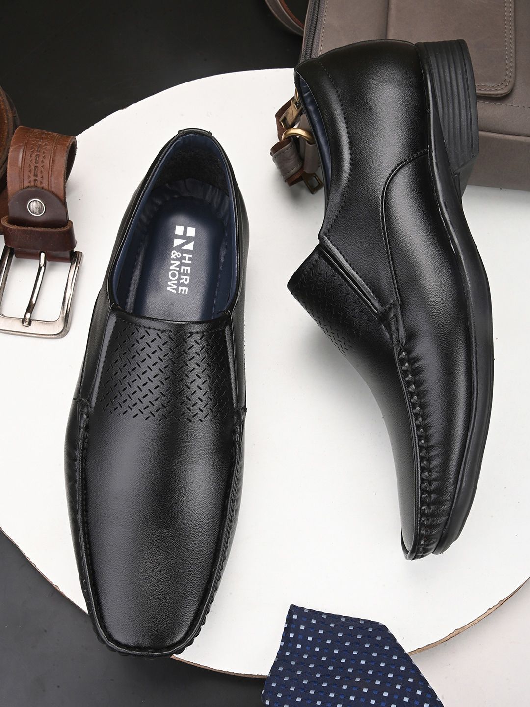 HERE&NOW Men Black Textured Formal Slip-On Shoes