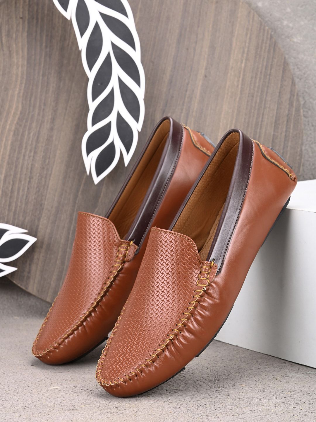 HERE&NOW Men Tan Textured Lightweight Slip-On Loafers