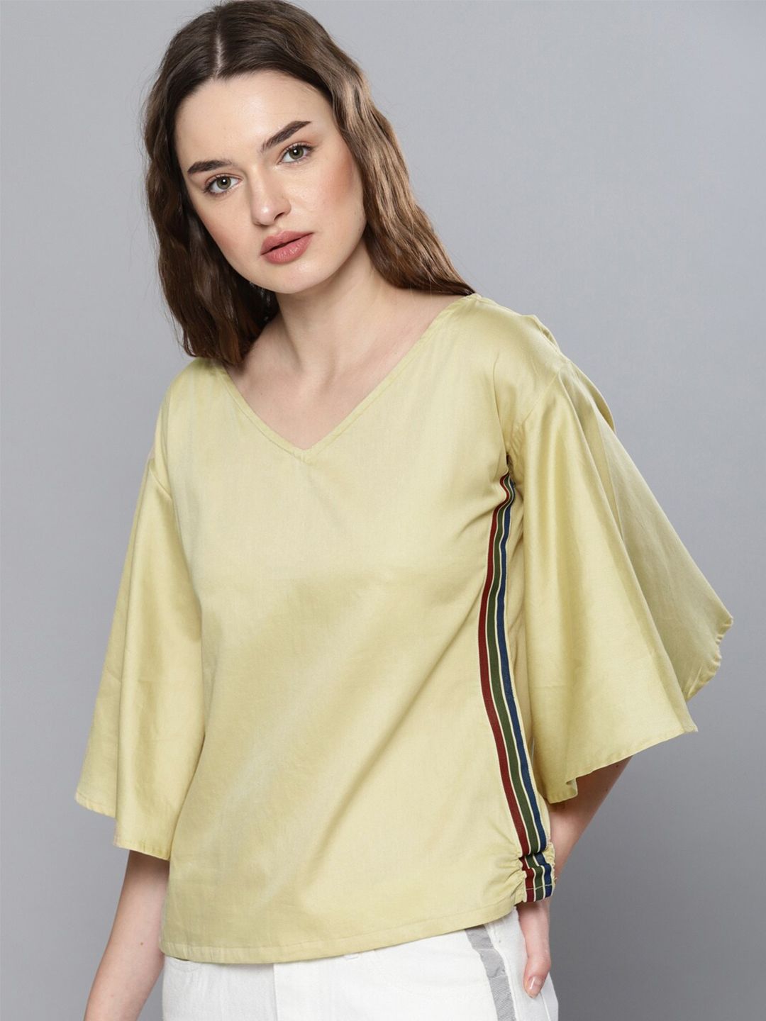 Mast & Harbour Beige Flared Sleeve V-Neck Pure Cotton Top Price in India