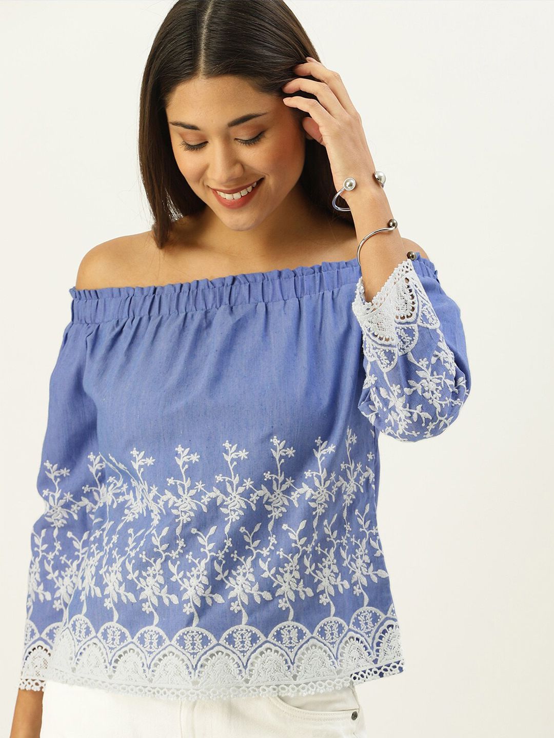 Mast & Harbour Blue Floral Embroidered Off-Shoulder Bardot Top Price in India