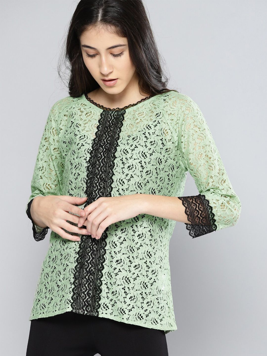 Mast & Harbour Green Self Design Lace Top Price in India