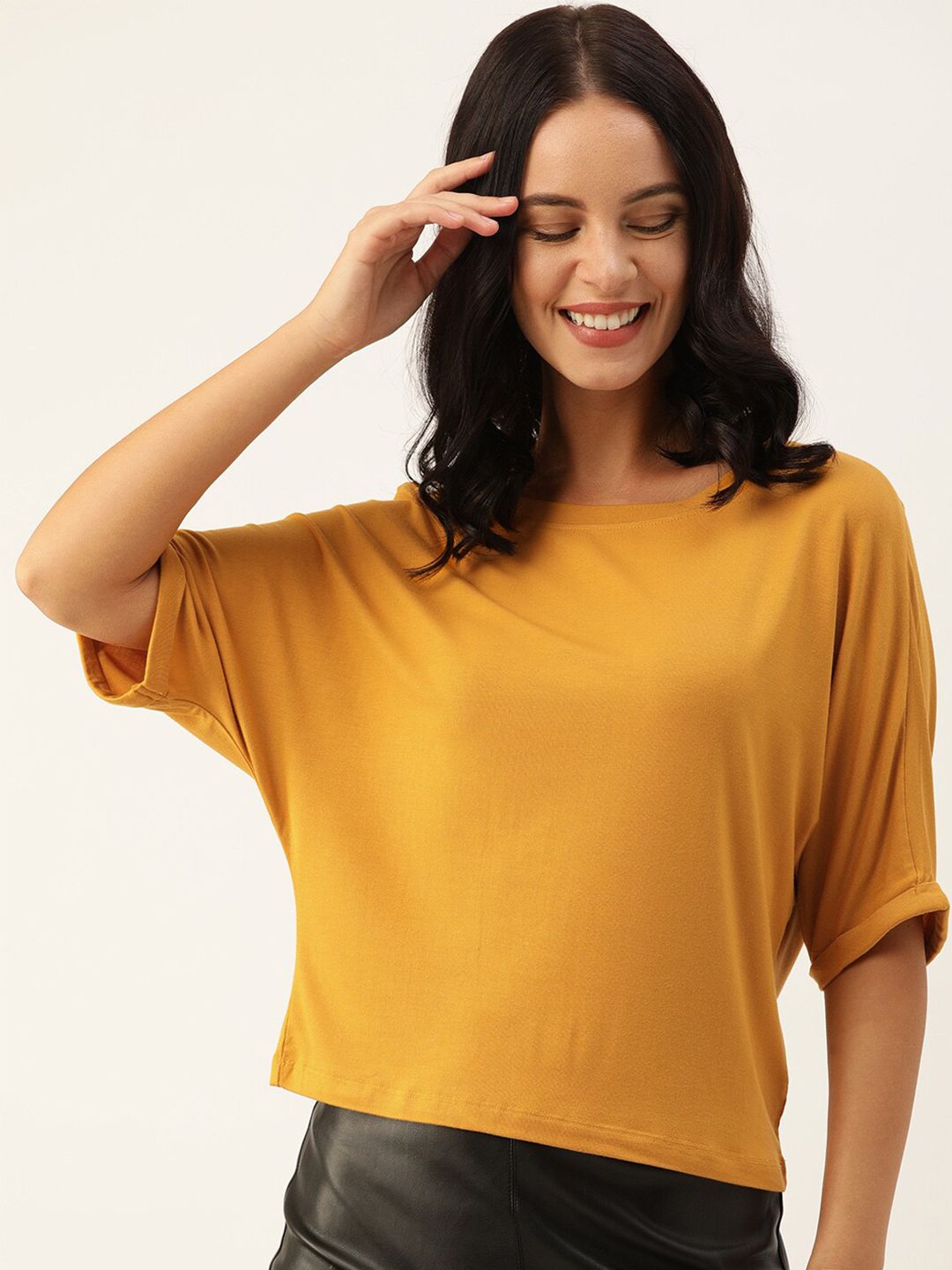 Mast & Harbour Mustard Yellow Extended Sleeves Boxy Top Price in India