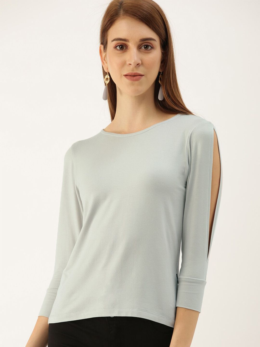 Mast & Harbour Grey Slit Sleeves Pure Cotton Top Price in India