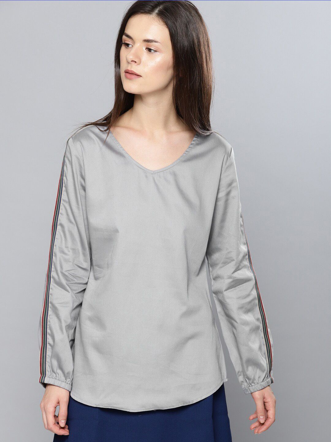 Mast & Harbour V-Neck Long Sleeves Pure Cotton Top Price in India