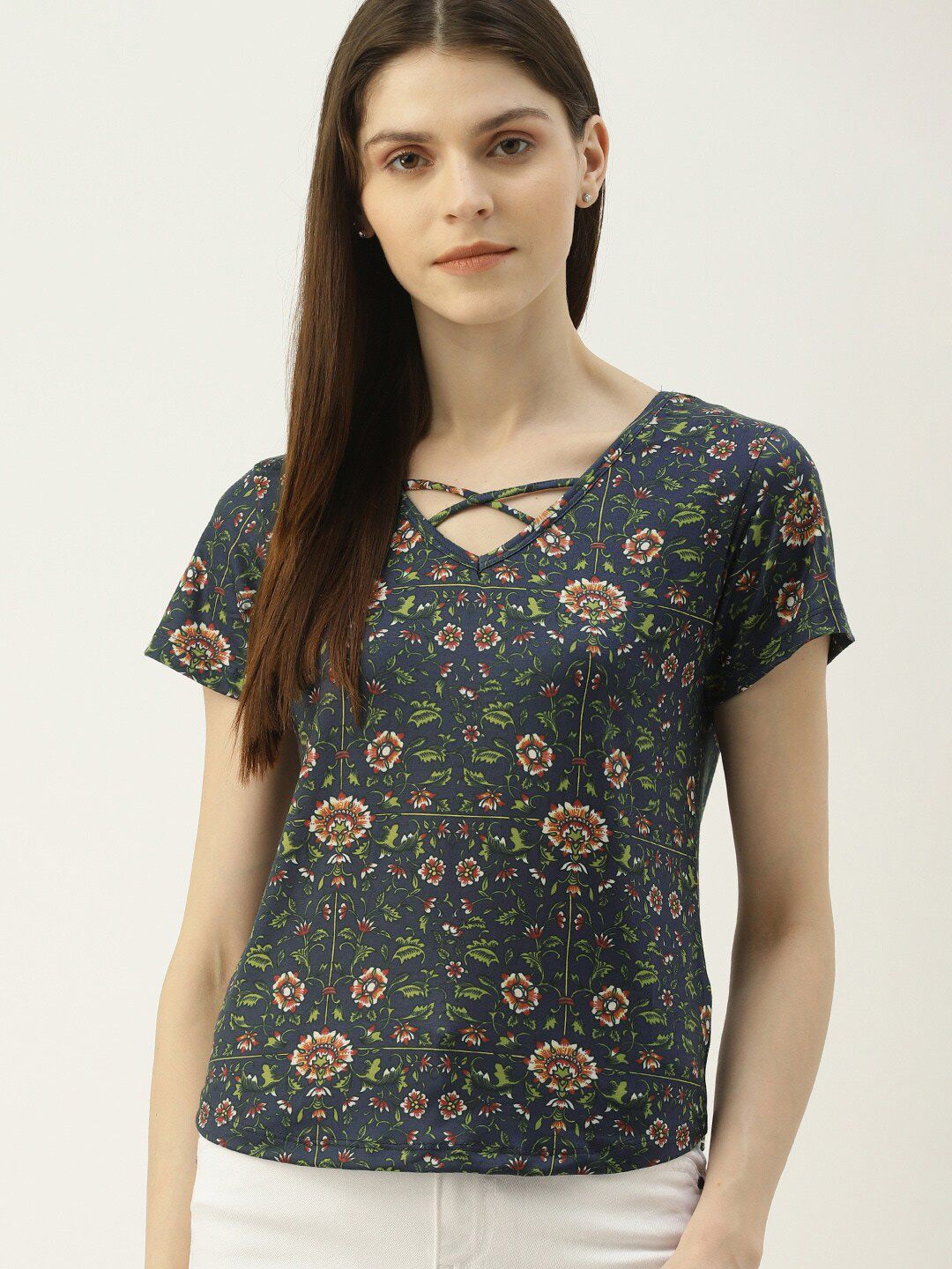 Mast & Harbour Green & Brown Floral Printed Regular Top Price in India