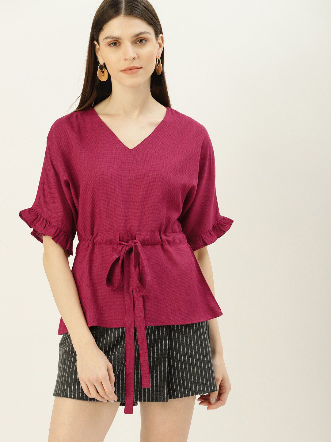 Mast & Harbour V-Neck Extended Sleeves Cinched Waist Top Price in India