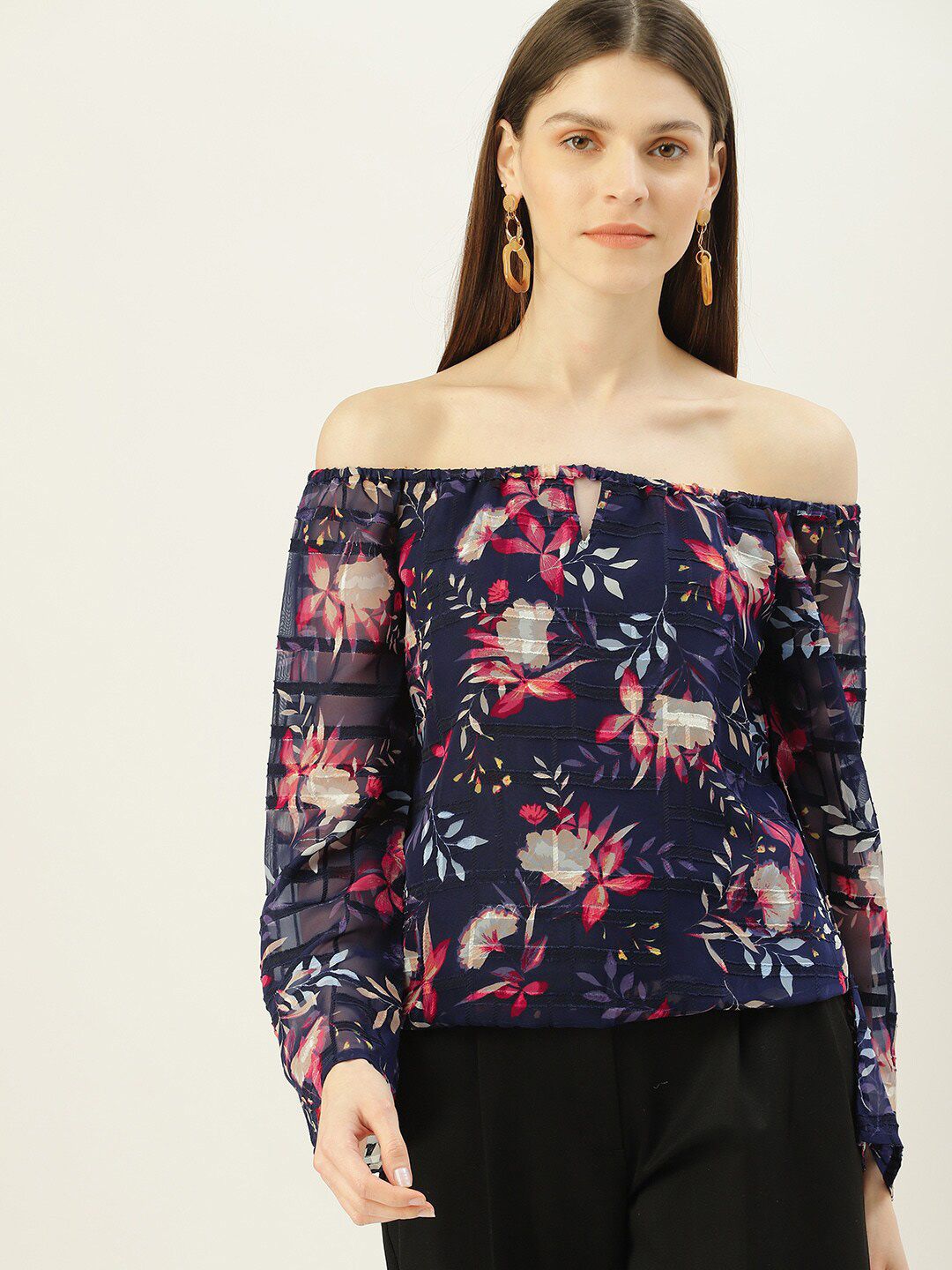 Mast & Harbour Navy Blue Floral Print Off-Shoulder Blouson Top Price in India