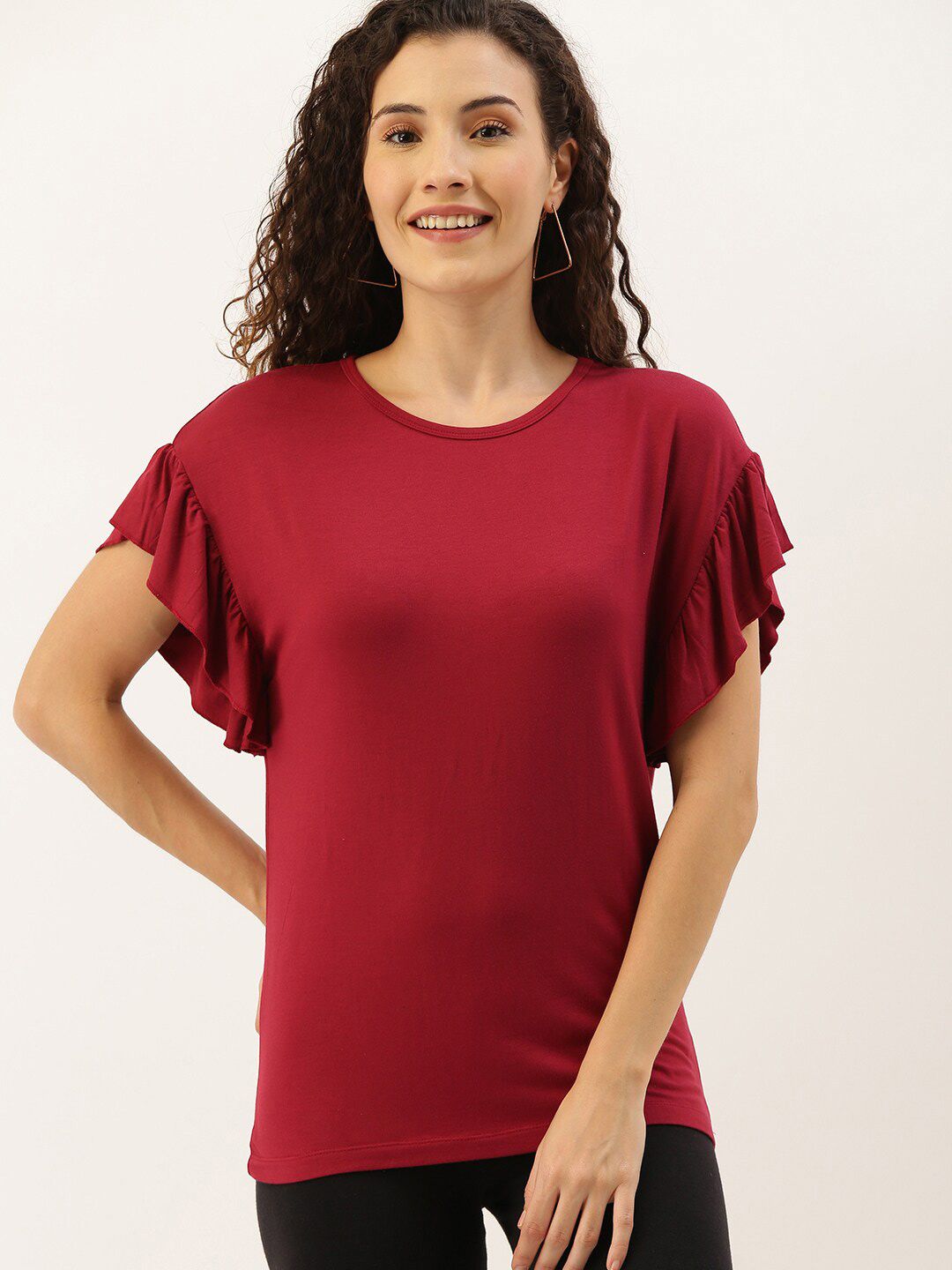 Mast & Harbour Red Round Neck Flutter Sleeve Top Price in India