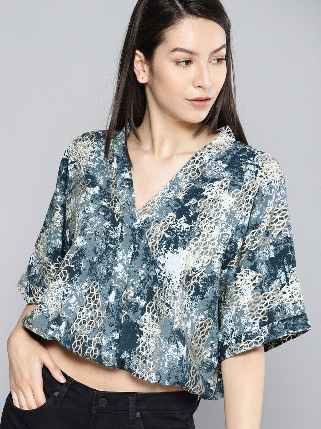 Mast & Harbour Blue Abstract Printed V-Neck Flared Sleeves Blouson Crop Top Price in India